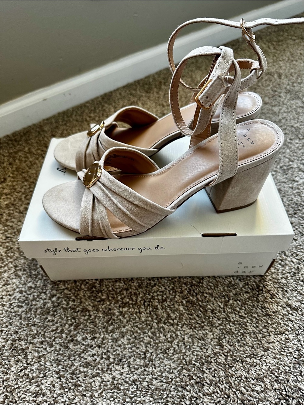 a new day Beige Block Heel Ankle-Strap Sandals with Gold Accent
